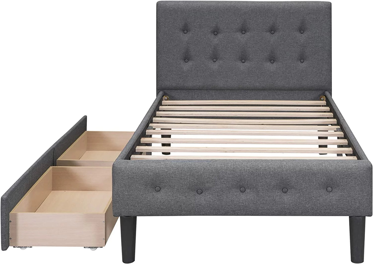 Beige Twin Size Upholstered Bed Frame with Headboard and Storage Underneath V9804