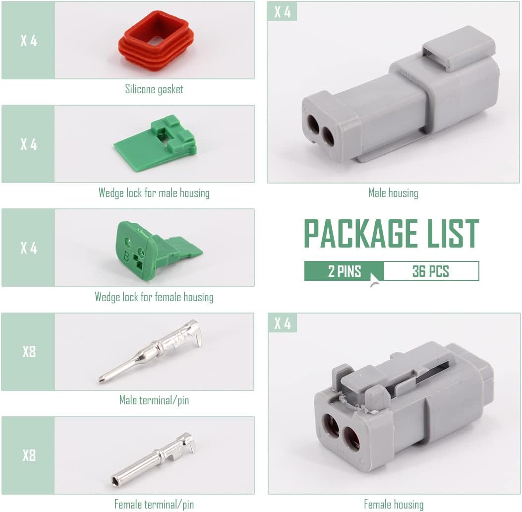 2 Pin DT Connector Kit Waterproof Electrical Connectors Solid Contacts Heavy Duty 16-20 AWG 4Pcs A655214