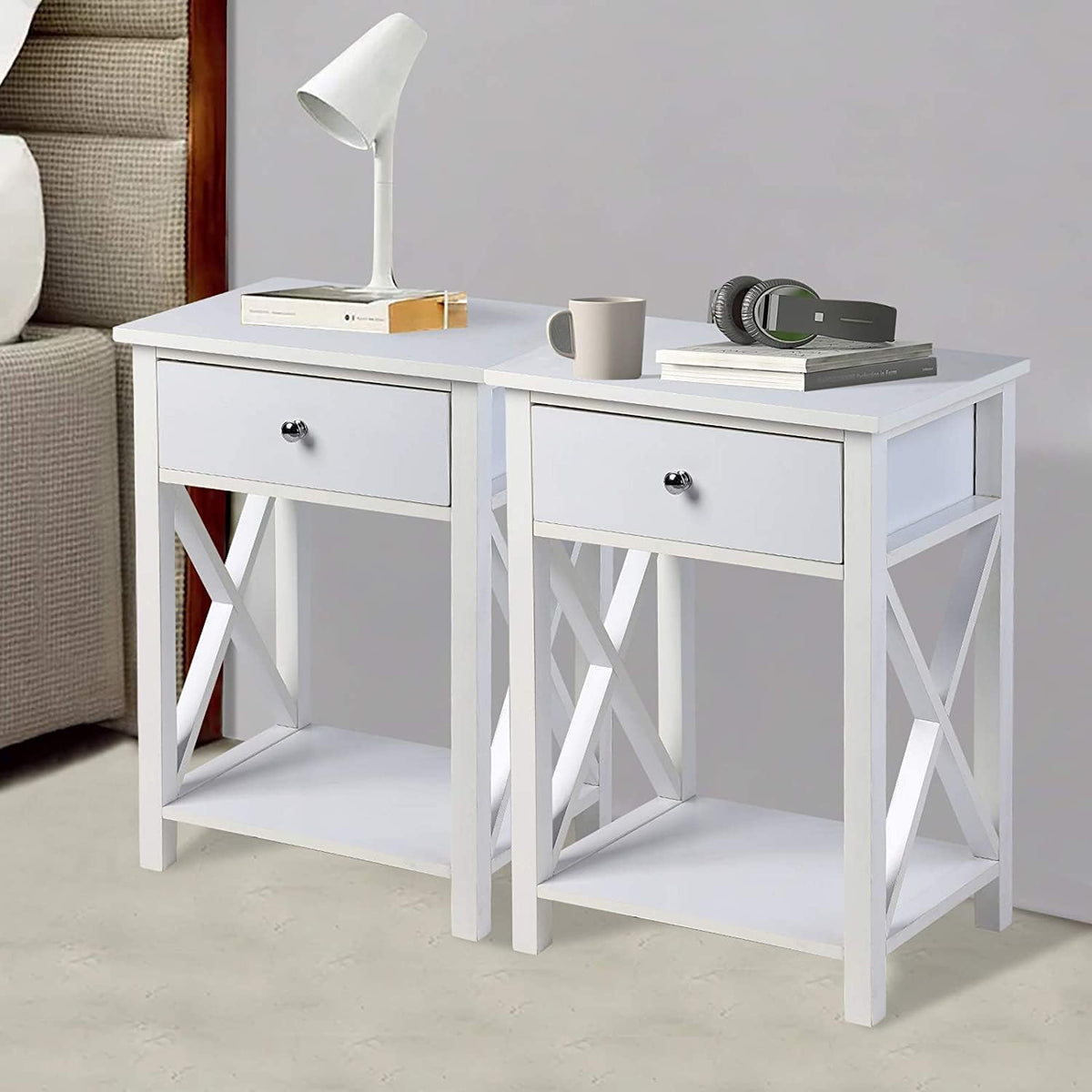 2 Pcs White Wooden Side End Table Night Stand with Bin Drawer P690
