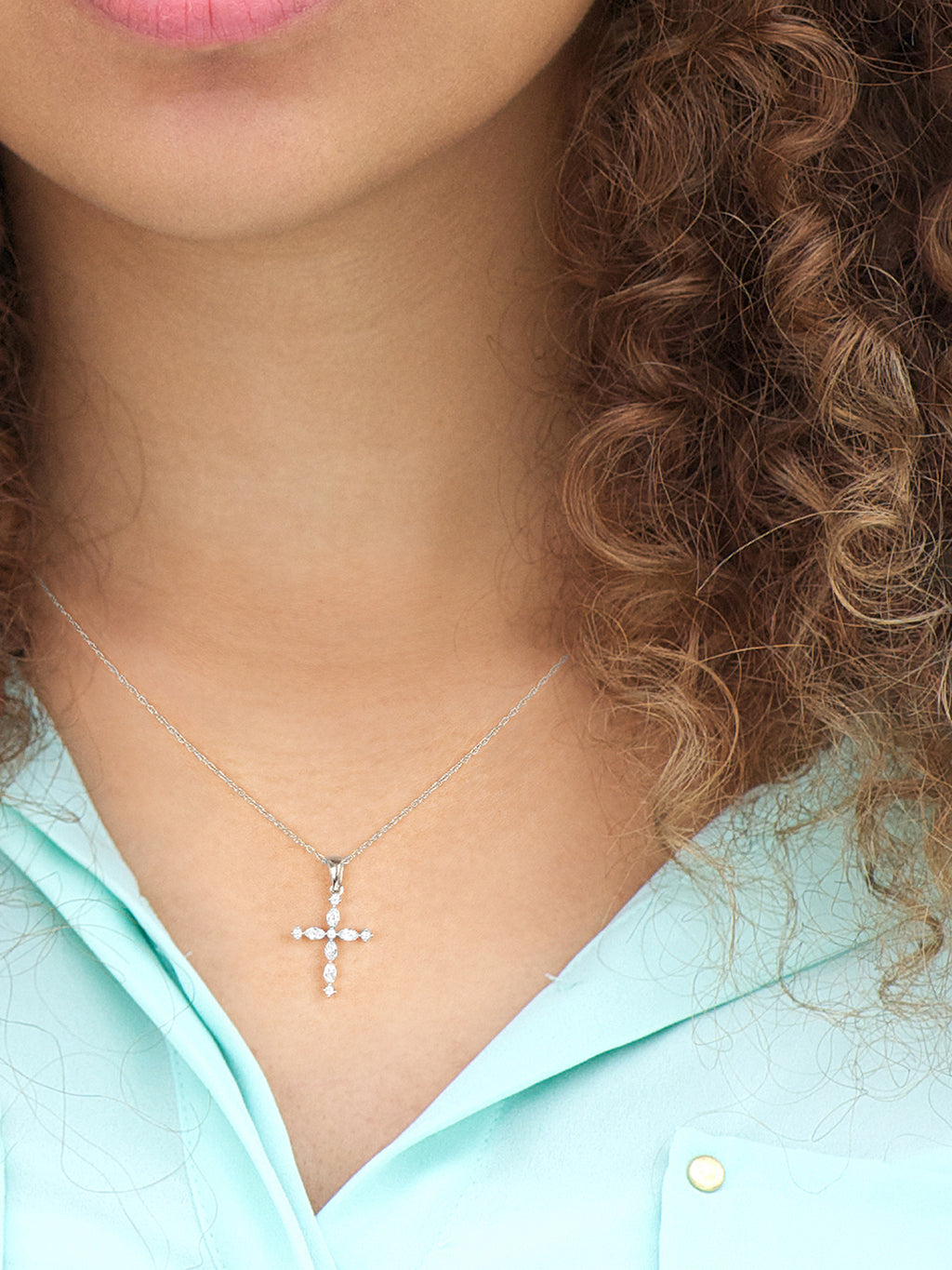 10K White Gold Marquise and Round Diamond Cross Pendant Necklace O5565