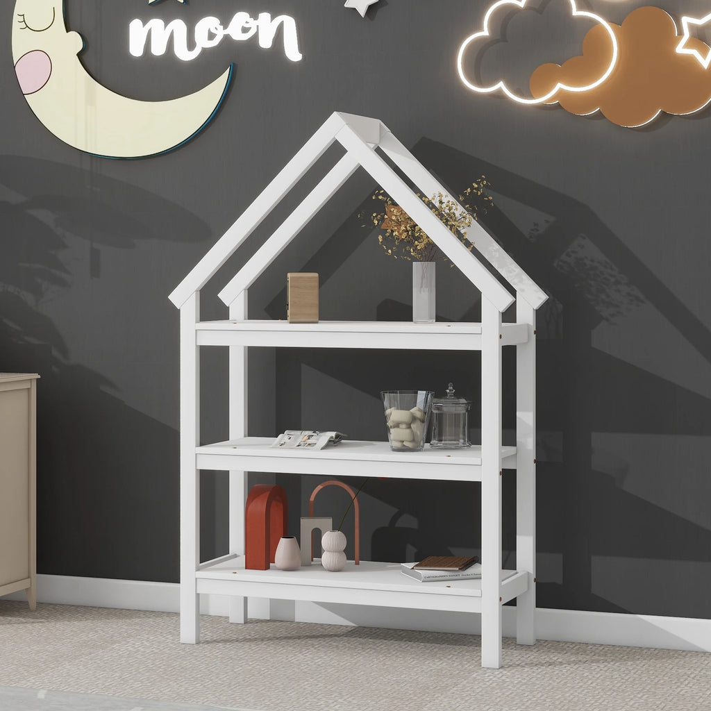 White Solid Wood Twin Floor Bed Frame with Roof and Window D324