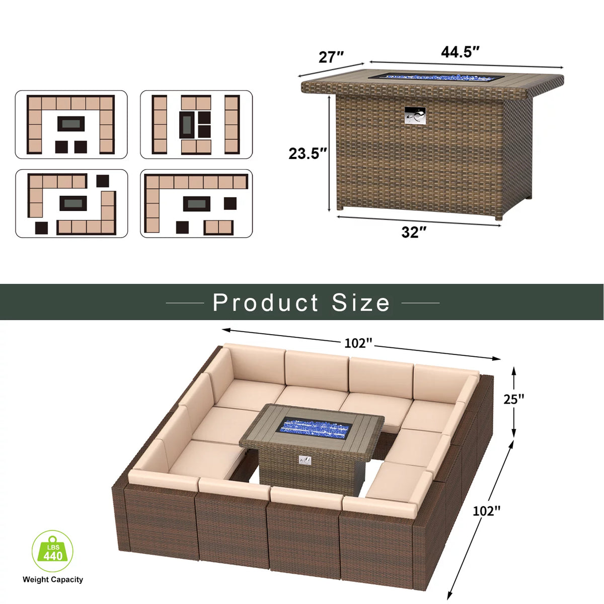 8 Pcs Patio Furniture Set with Fire Pit Table T3389