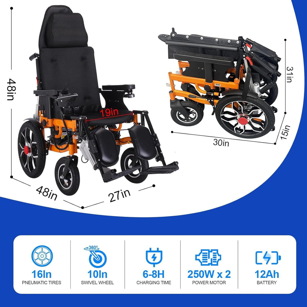 Reclining Foldable Electric Wheelchair with Adjustable Backrest and Pedal, 500W Motor, 20 Mile Range, 12AH Lithium Battery B2373