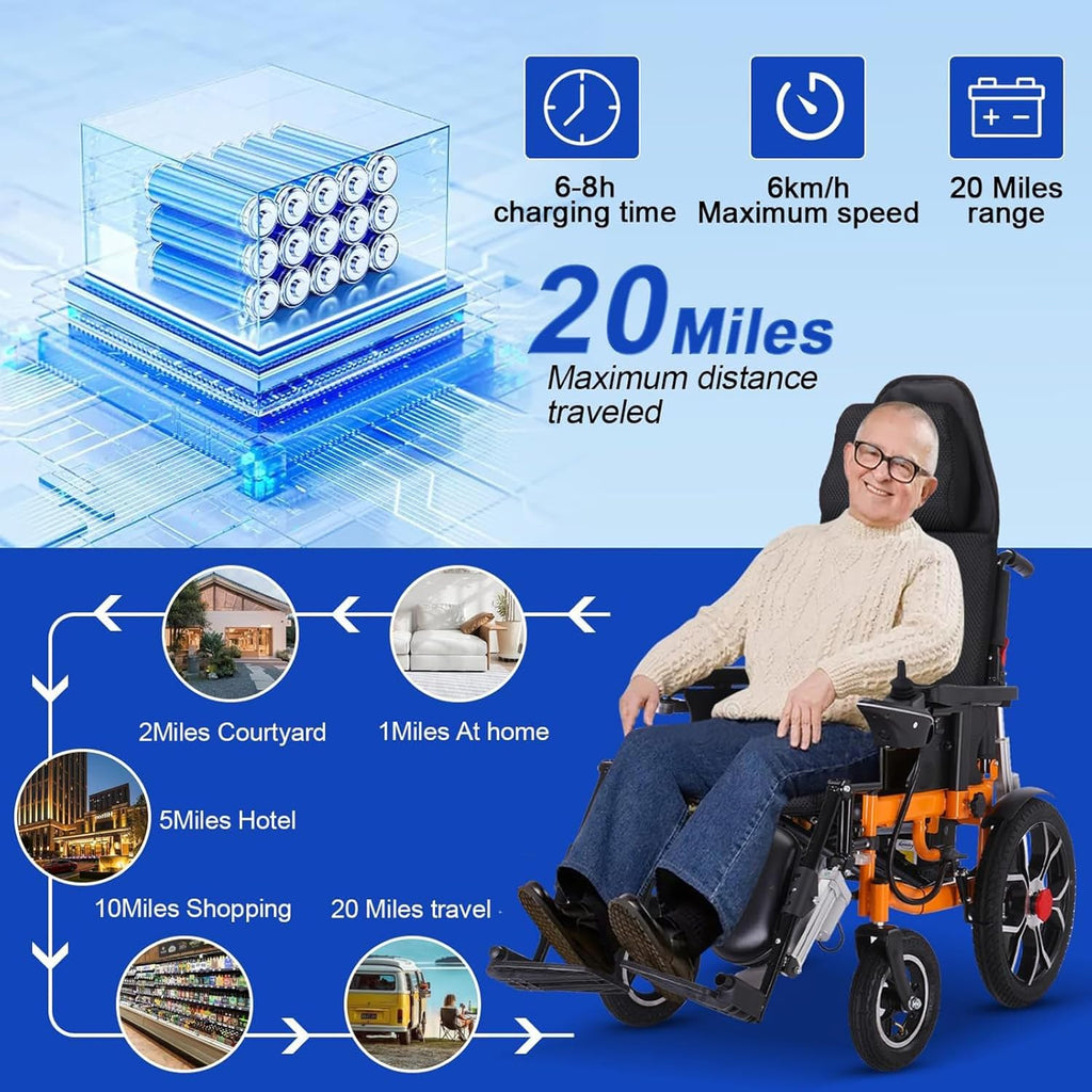 Reclining Foldable Electric Wheelchair with Adjustable Backrest and Pedal, 500W Motor, 20 Mile Range, 12AH Lithium Battery B2373