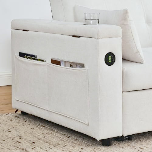 White Chenille 2-Seater Convertible Sofa Bed with USB Power Outlet U78065