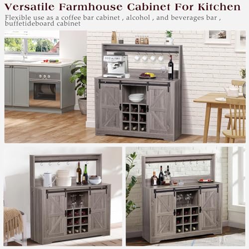 Grey Coffee Bar Cabinet with Sliding Barn Door and Adjustable Shelves Z9926