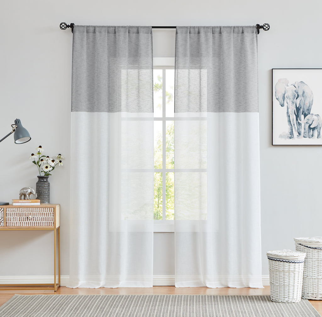 Gray White Sheer Linen Curtain Panels with Rod Pocket, 50"x84"x2 B884