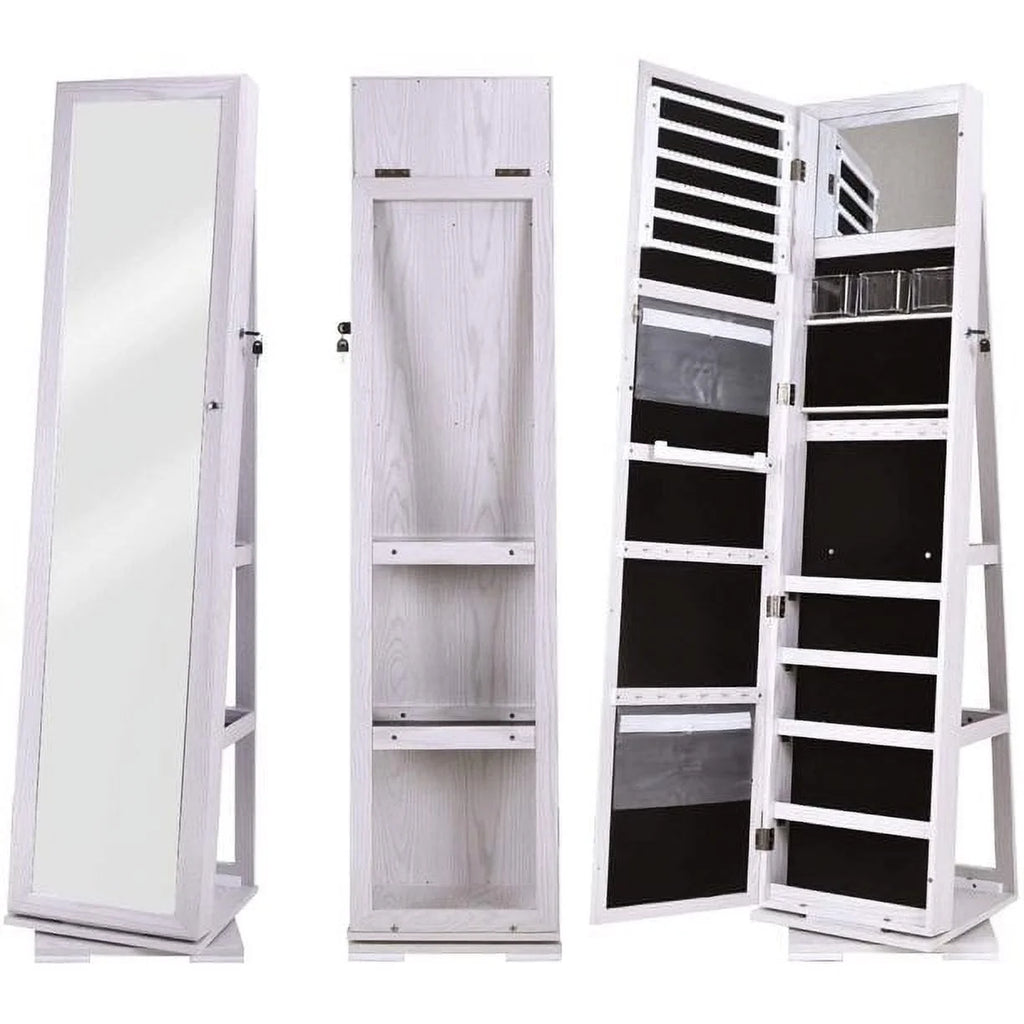 White Rotatable Jewelry Armoire with Full-length Mirror P355