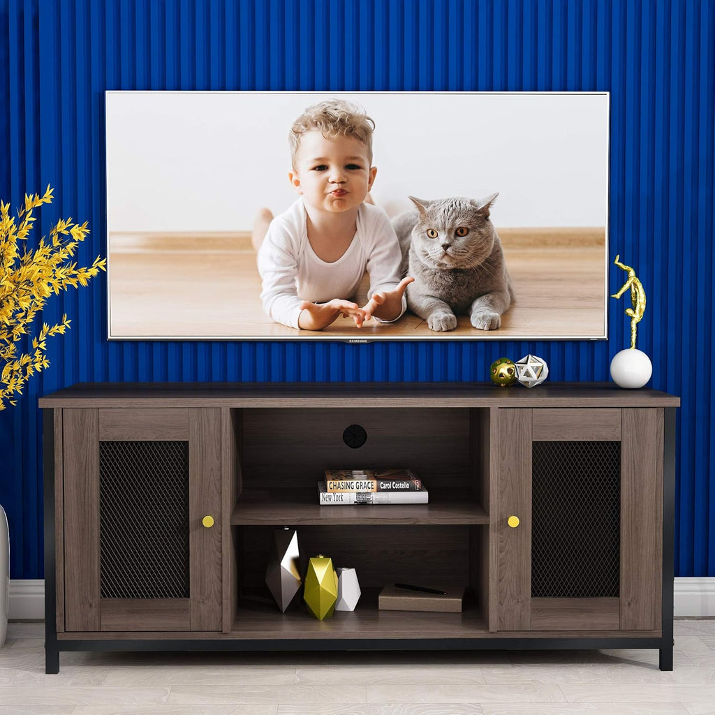 Entertainment Center Stand with Storage, Sturdy Metal Frame, Brown Walnut T9342