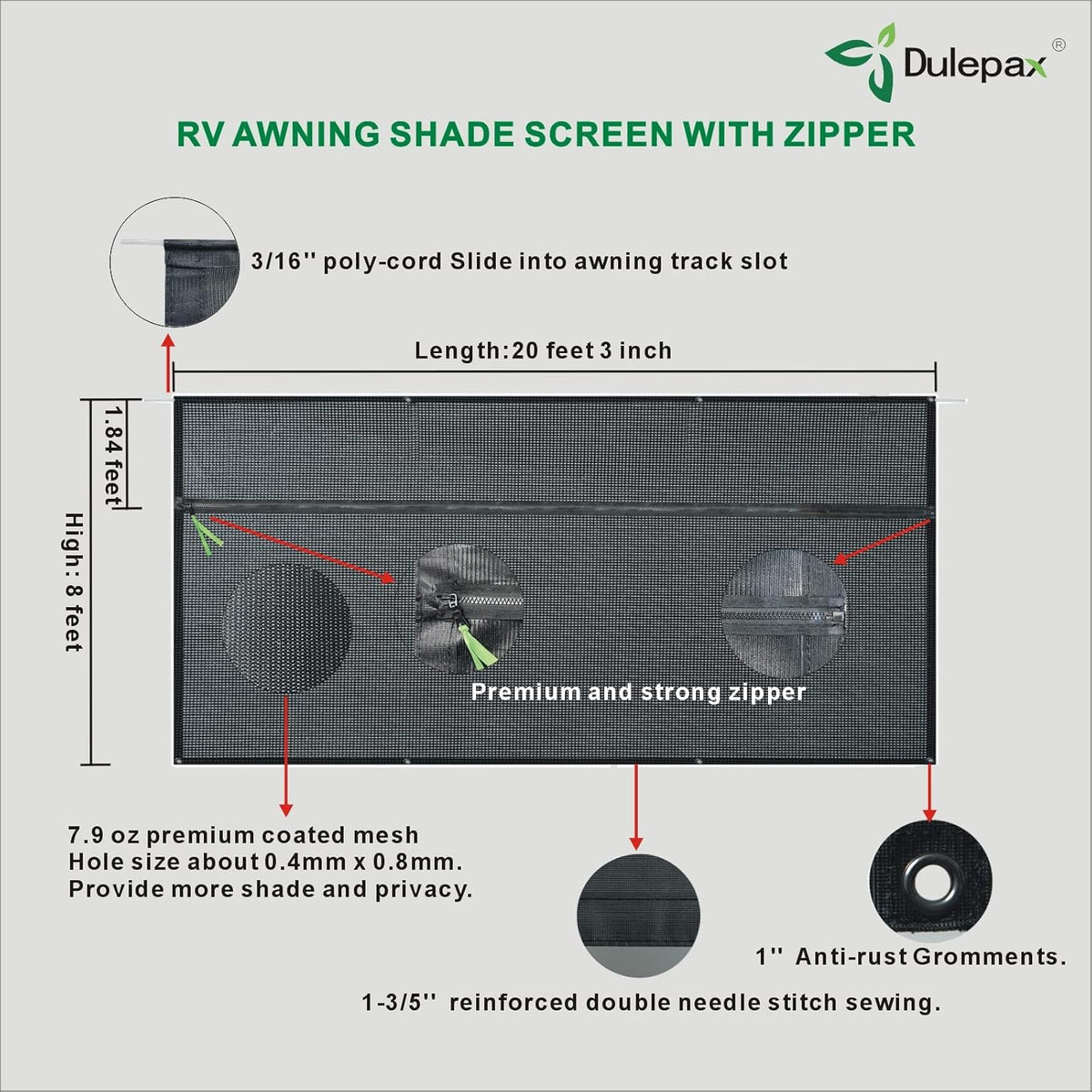 RV Awning Shade Screen with Zipper 8'X20'3'' Universal with Complete Kits N384
