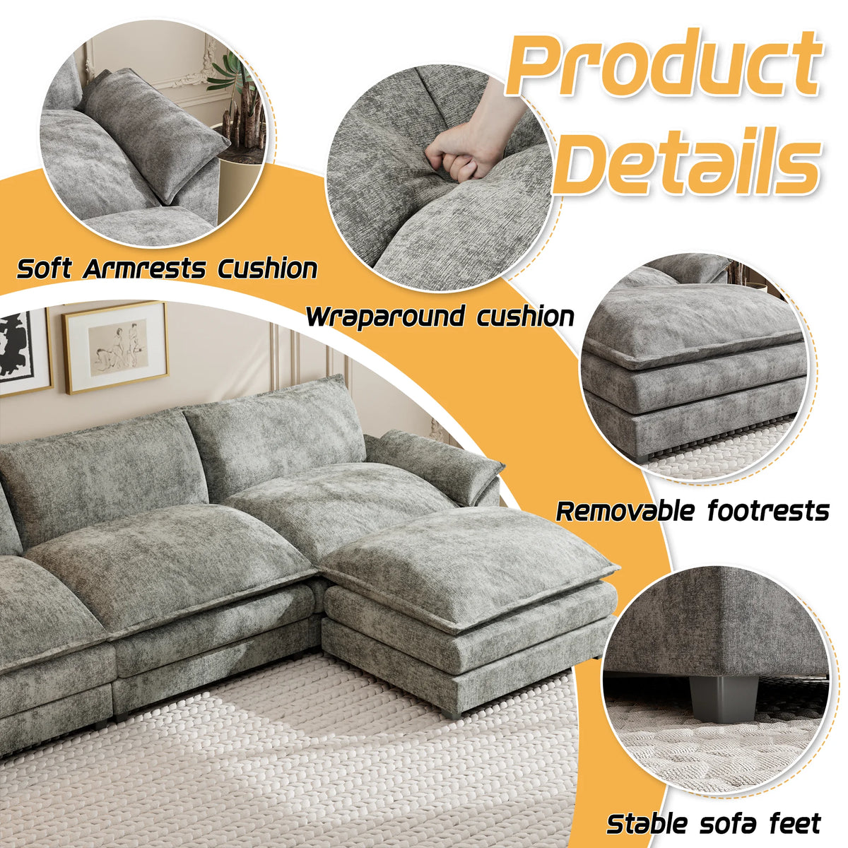 Gray L-shaped Sectional Sofa with Reversible Chair B75395