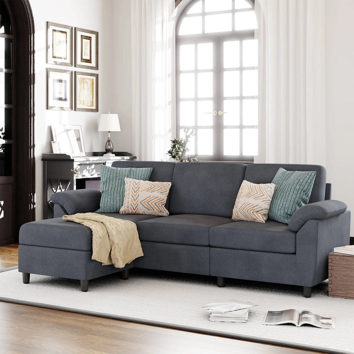 79 Convertible Sectional Sofa Linen Fabric L Shaped Sofa with Removable Pillows Dark Gray W81343