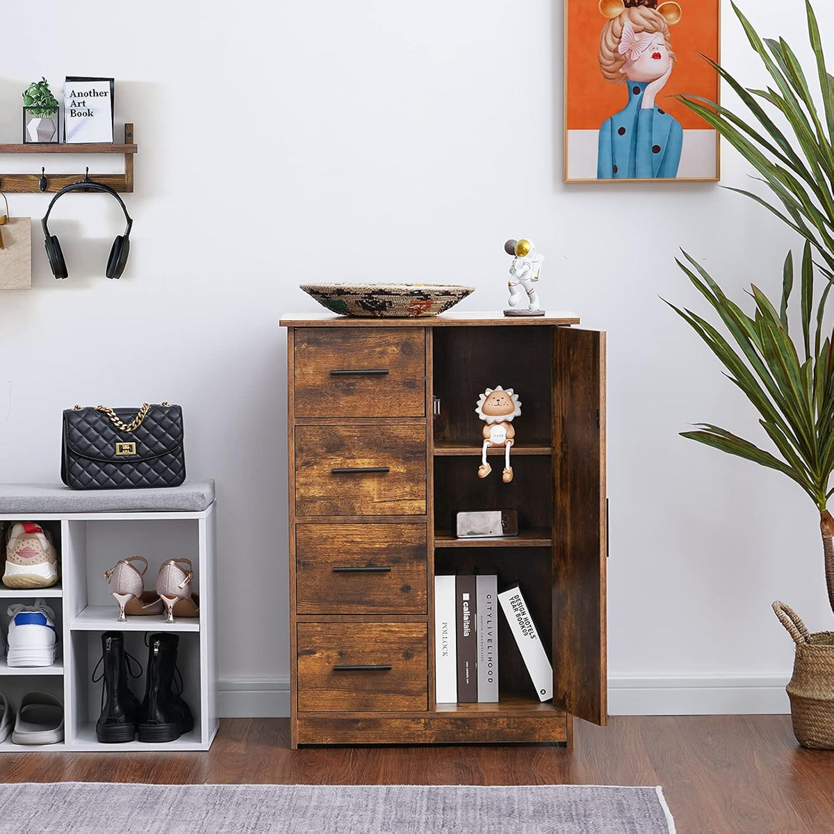 Rustic Brown Bathroom Storage Cabinet with 4 Drawers and Adjustable Shelf M9399
