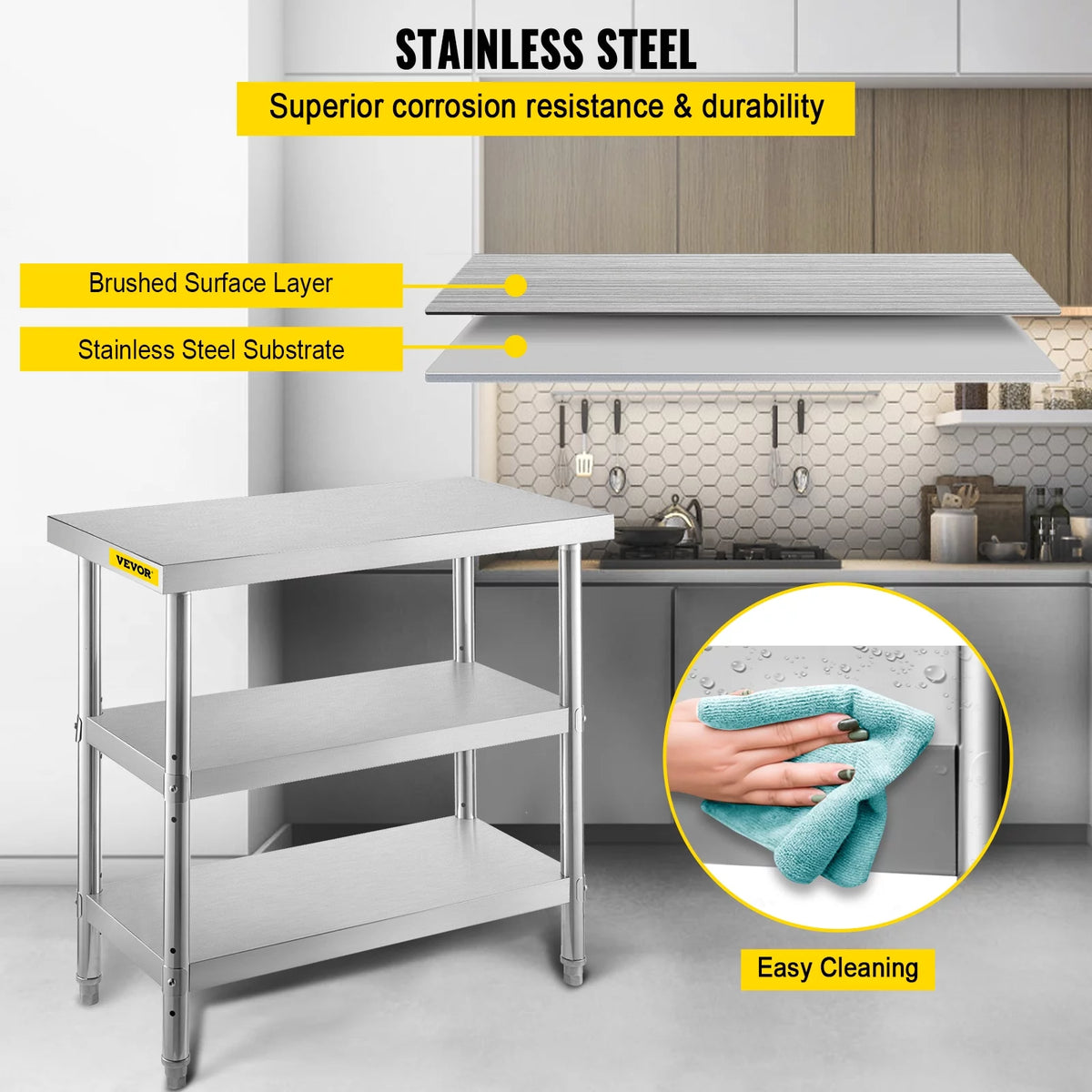 Stainless Steel Table with 2 Adjustable Undershelf U427