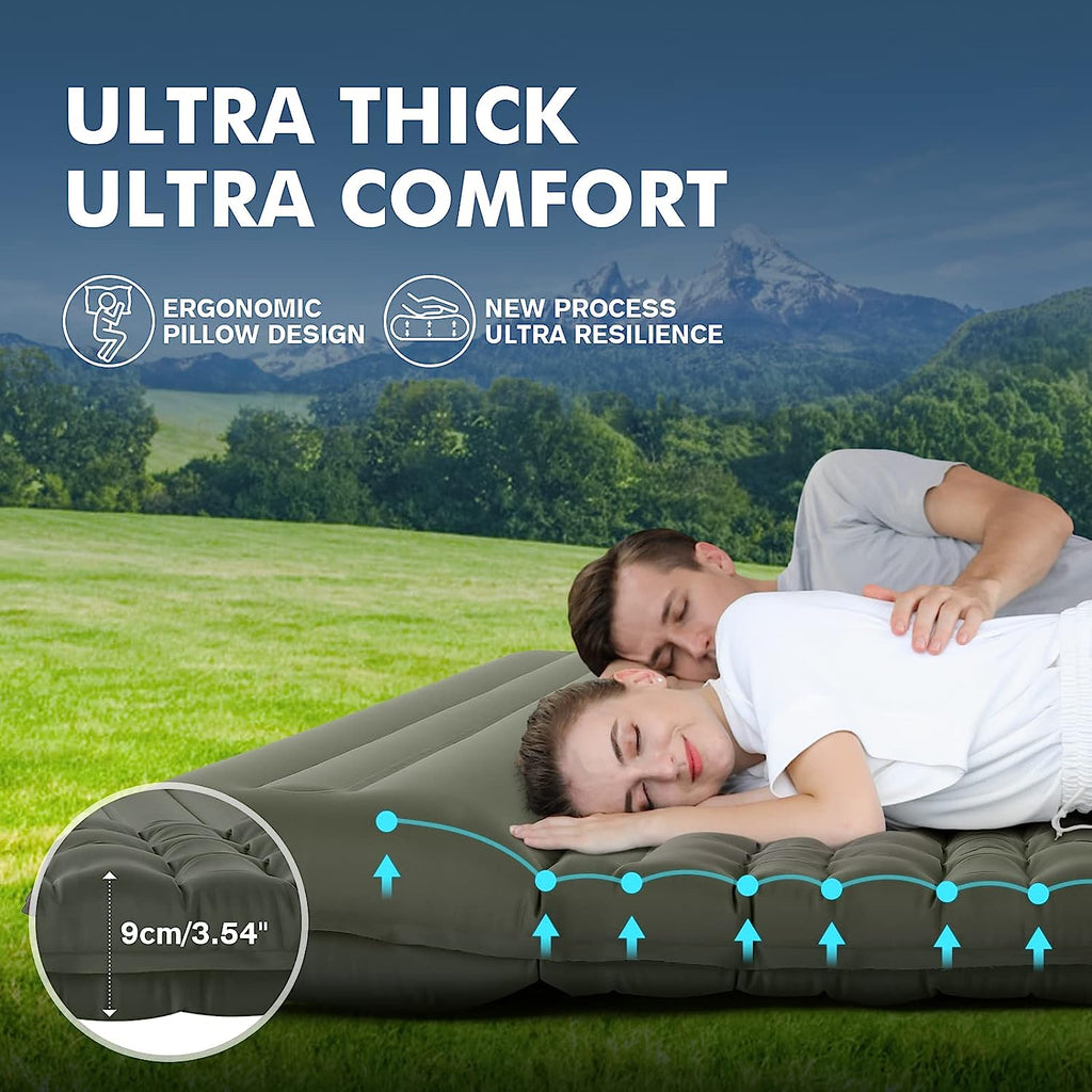 Self Inflating Double Camping Sleeping Pad with Air Pillow, 79 in x 55 in, Army Green U995119