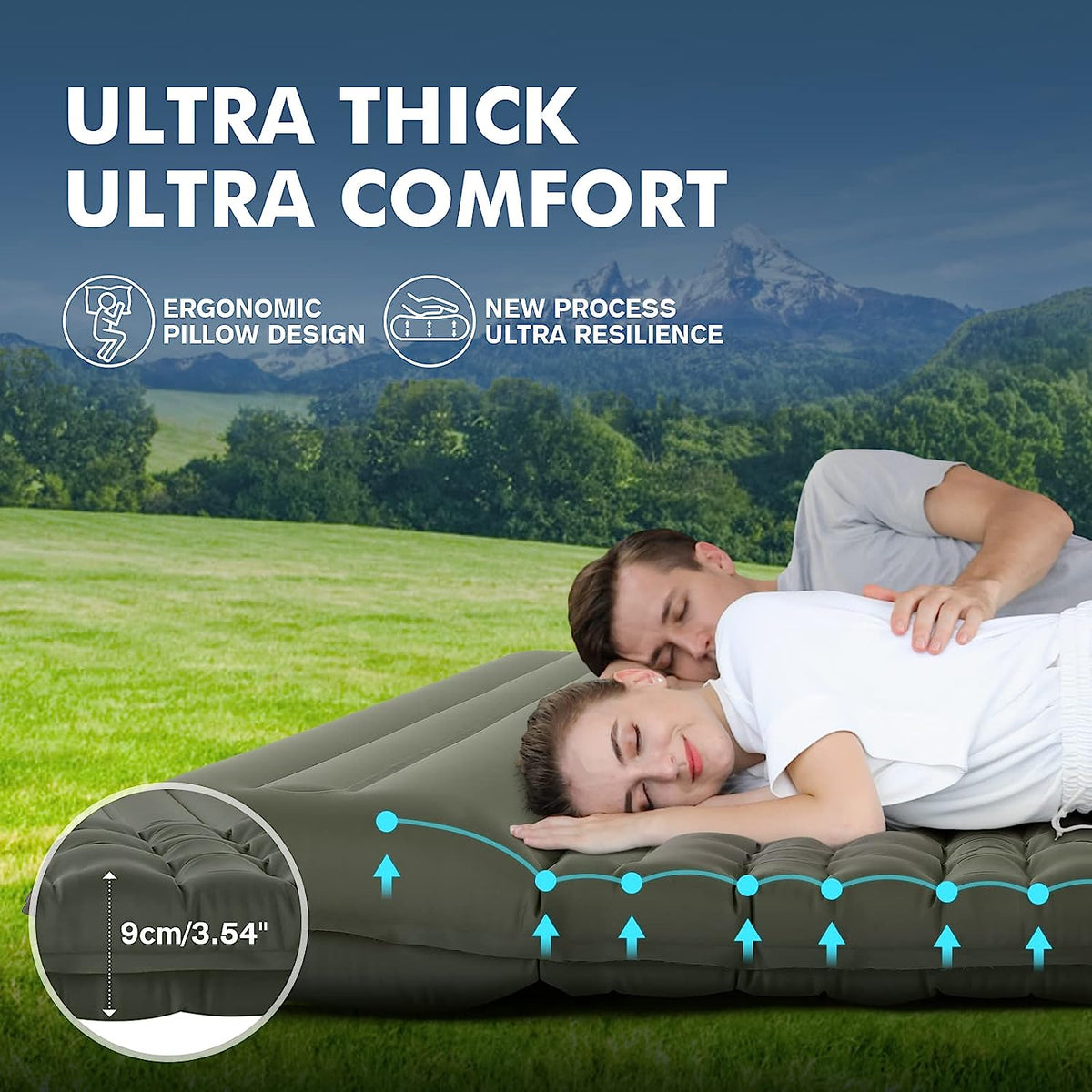 Self Inflating Double Camping Sleeping Pad with Air Pillow, 79 in x 55 in, Army Green U995119