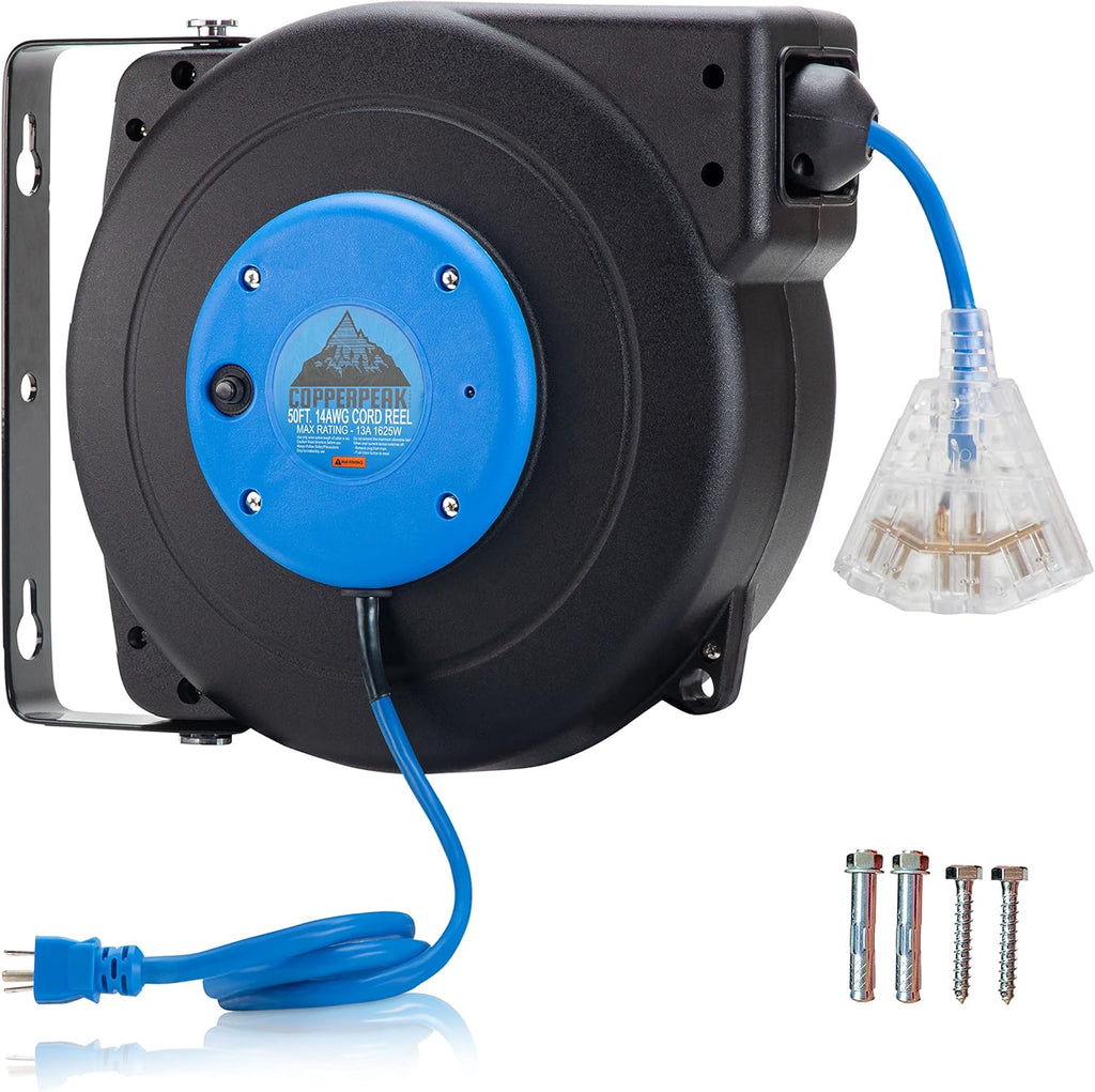 50 ft Retractable Extension Cord Reel, 12 Gauge, Blue and Grey J693