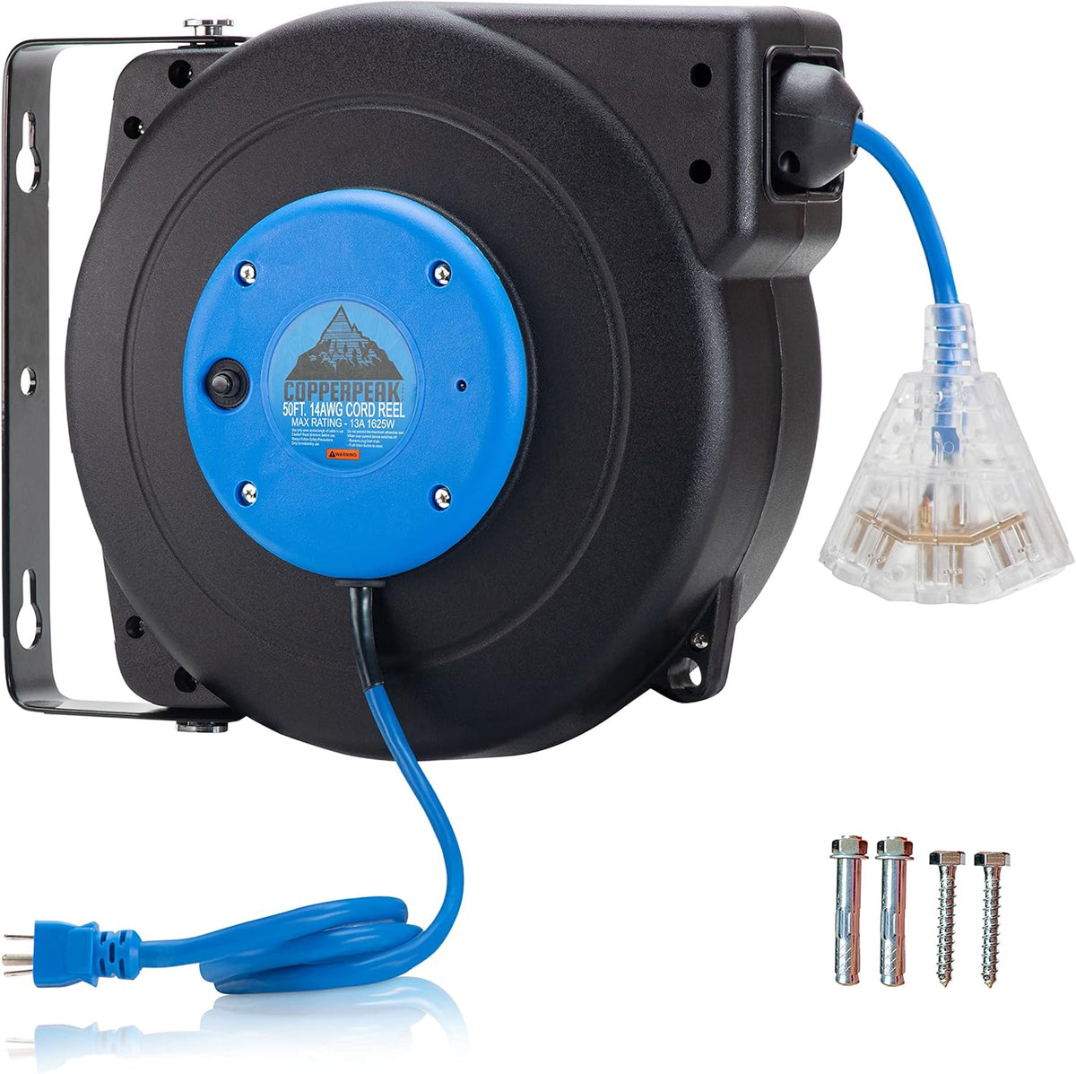 50 ft Retractable Extension Cord Reel, 12 Gauge, Blue and Grey J693