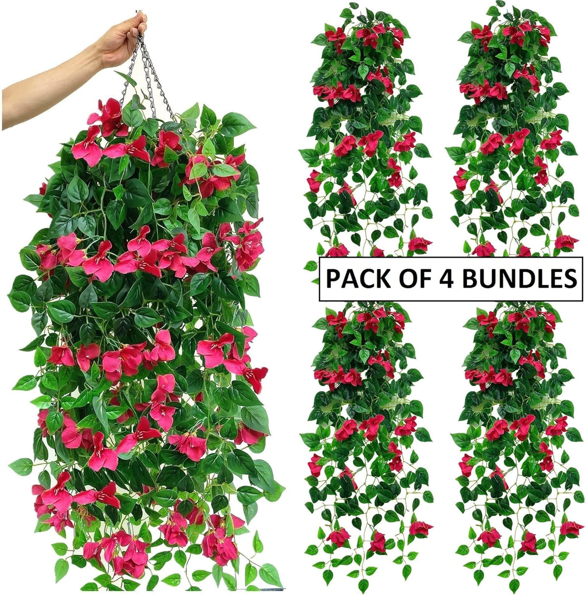 Pack of 4 Artificial Hanging Bougainvillea Silk Plastic Flower Vines Faux Plant (Fuchsia) I792057