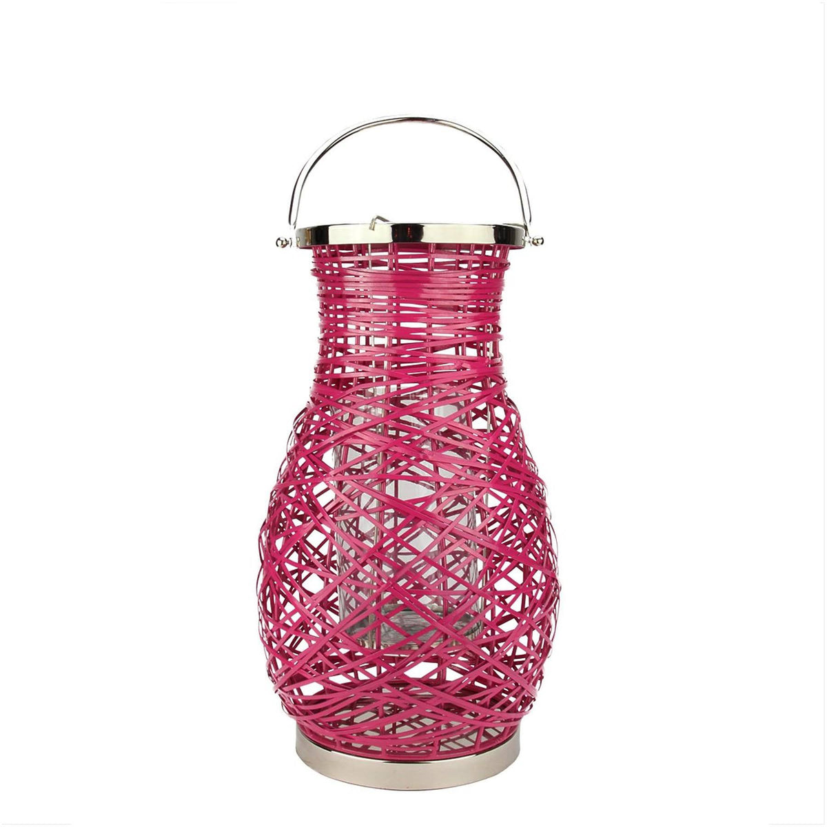 Fuschia Pink Decorative Woven Iron Pillar Candle Lantern with Glass Hurricane K17479