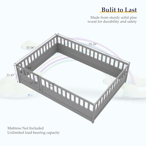 Full-White Wood Kids Floor Bed with Safety Guardrails V701