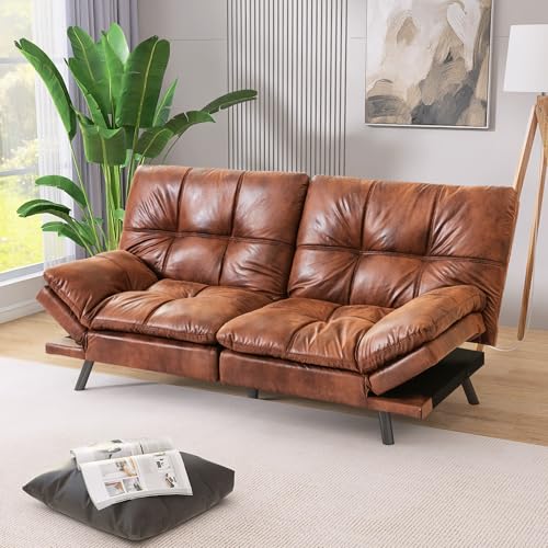 Vintage Brown Faux Leather Convertible Futon Sofa Bed Y503