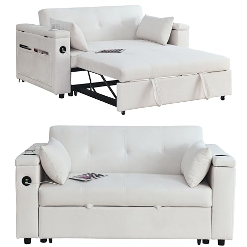 White Chenille 2-Seater Convertible Sofa Bed with USB Power Outlet U78065