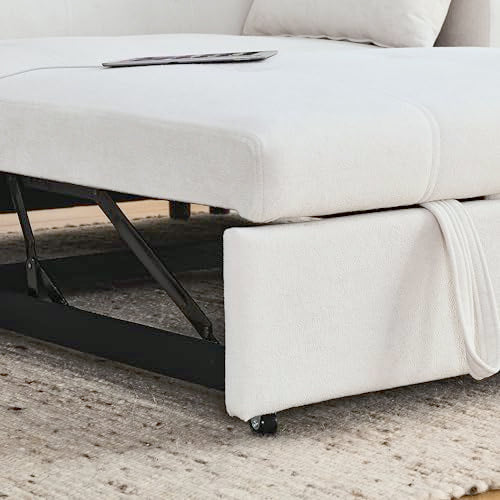 White Chenille 2-Seater Convertible Sofa Bed with USB Power Outlet U78065