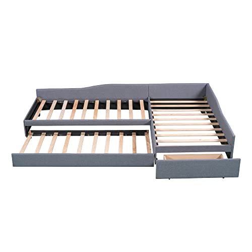 L Shaped Upholstered Double Size Daybed with Trundle and Storage Drawer, Gray R511210