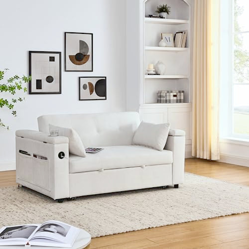 White Chenille 2-Seater Convertible Sofa Bed with USB Power Outlet U78065