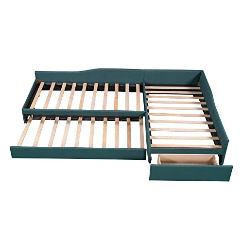 L Shaped Upholstered Double Size Daybed with Trundle and Storage Drawer, Gray R511210
