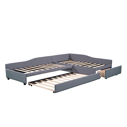 L Shaped Upholstered Double Size Daybed with Trundle and Storage Drawer, Gray R511210