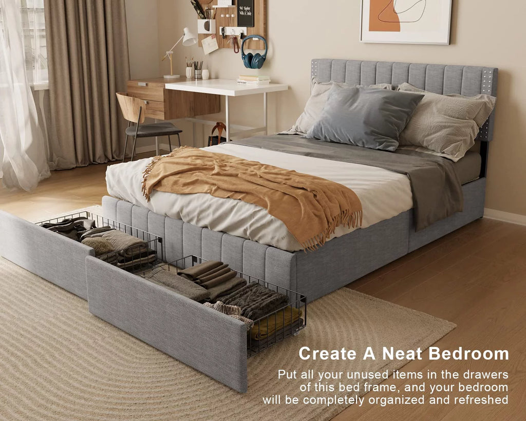 Light Grey Full Size Bed Frame with Storage Drawers R88668