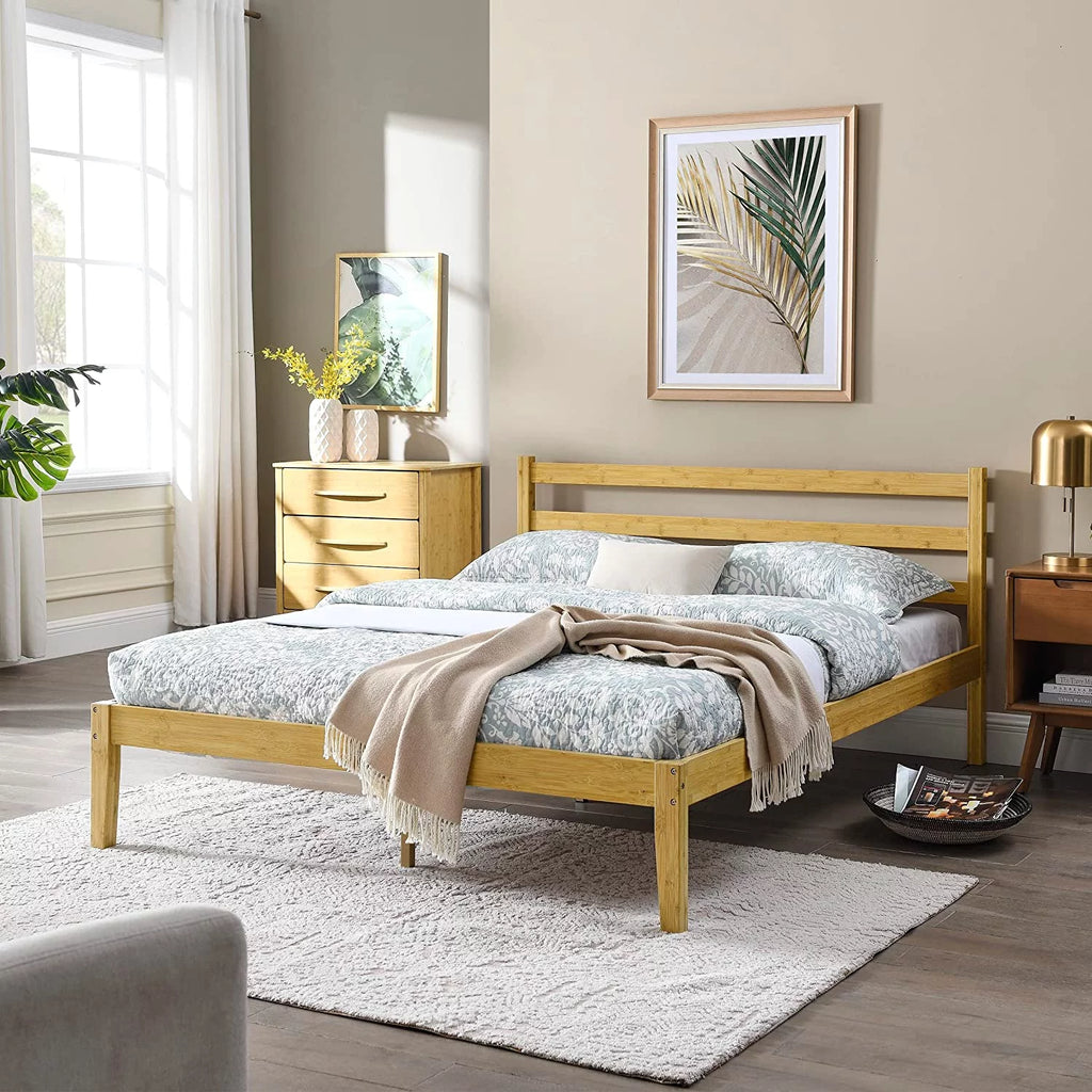 Natural Bamboo Queen Platform Bed Frame With Headboard Y583440