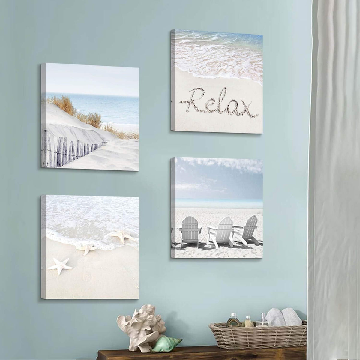 Beach Wall Art Starfish Chairs on Sand Canvas 12” x 12'' 4 Panels O4392