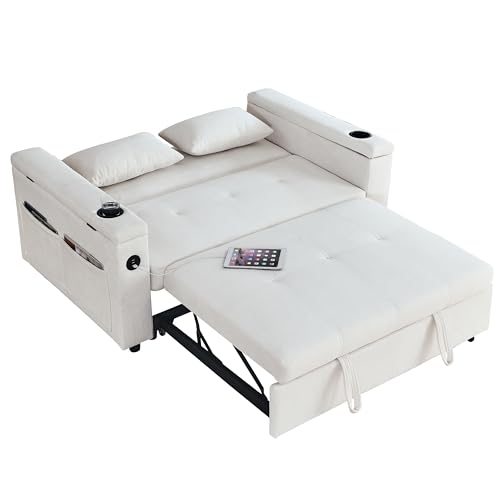 White Chenille 2-Seater Convertible Sofa Bed with USB Power Outlet U78065