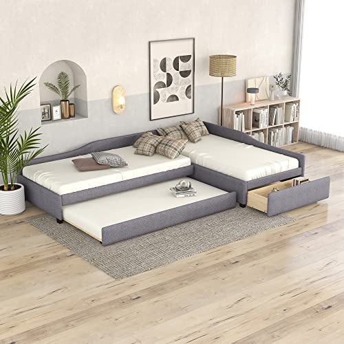 L Shaped Upholstered Double Size Daybed with Trundle and Storage Drawer, Gray R511210