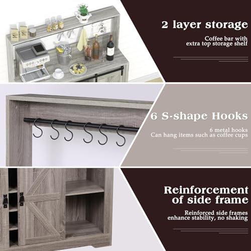 Grey Coffee Bar Cabinet with Sliding Barn Door and Adjustable Shelves Z9926