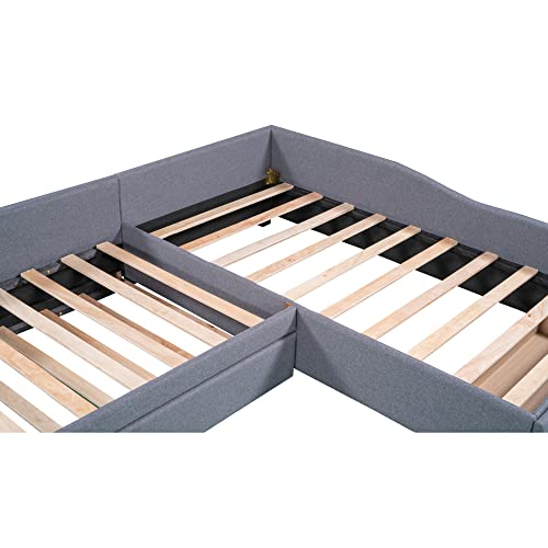 L Shaped Upholstered Double Size Daybed with Trundle and Storage Drawer, Gray R511210