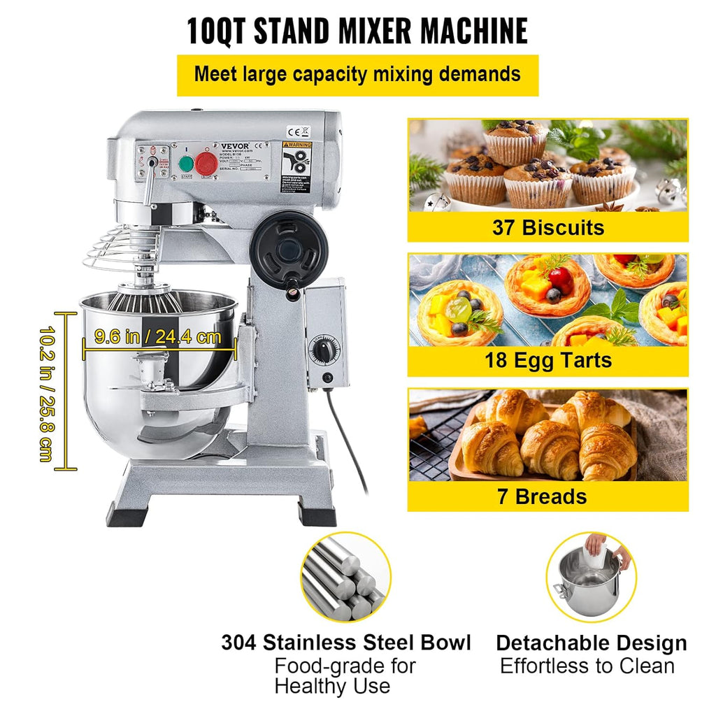 Commercial Food Mixer 10Qt Stainless Steel Bowl 450W 3 Speeds T198