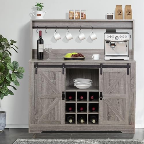 Grey Coffee Bar Cabinet with Sliding Barn Door and Adjustable Shelves Z9926