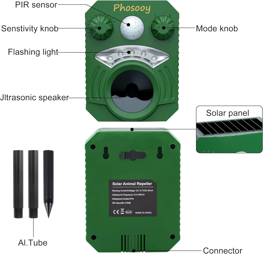 Waterproof Solar Ultrasonic Animal Repeller with Motion Activated LED Flashing Lights Y44245