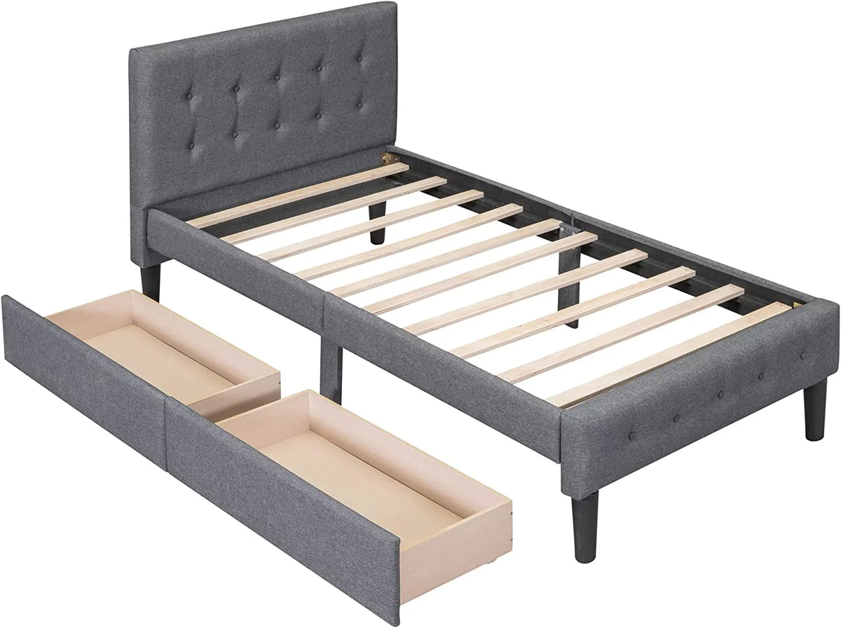Beige Twin Size Upholstered Bed Frame with Headboard and Storage Underneath V9804