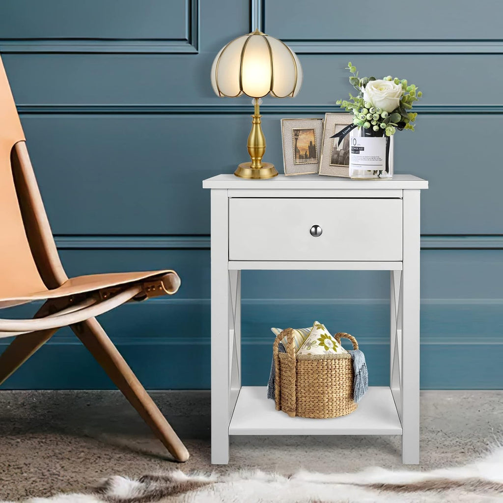 2 Pcs White Wooden Side End Table Night Stand with Bin Drawer P690