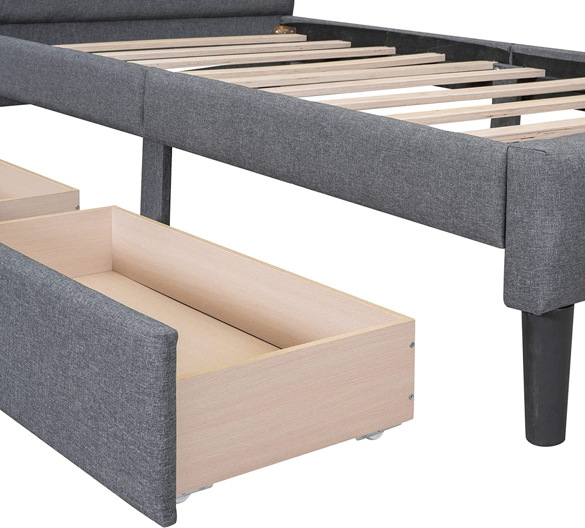 Beige Twin Size Upholstered Bed Frame with Headboard and Storage Underneath V9804
