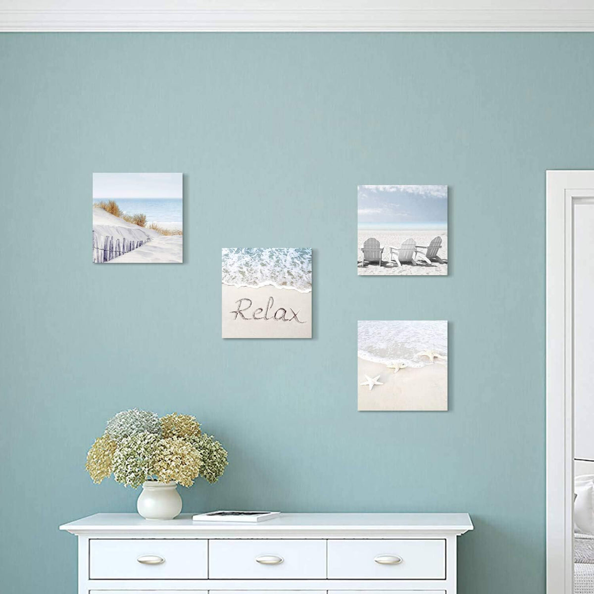 Beach Wall Art Starfish Chairs on Sand Canvas 12” x 12'' 4 Panels O4392
