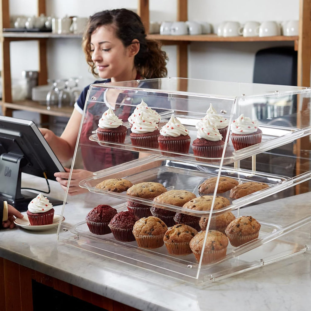 Acrylic 3 Tray Commercial Countertop Bakery Display Case with Rear Door Access & Removable Shelves, 22x17x16.5inch C93302