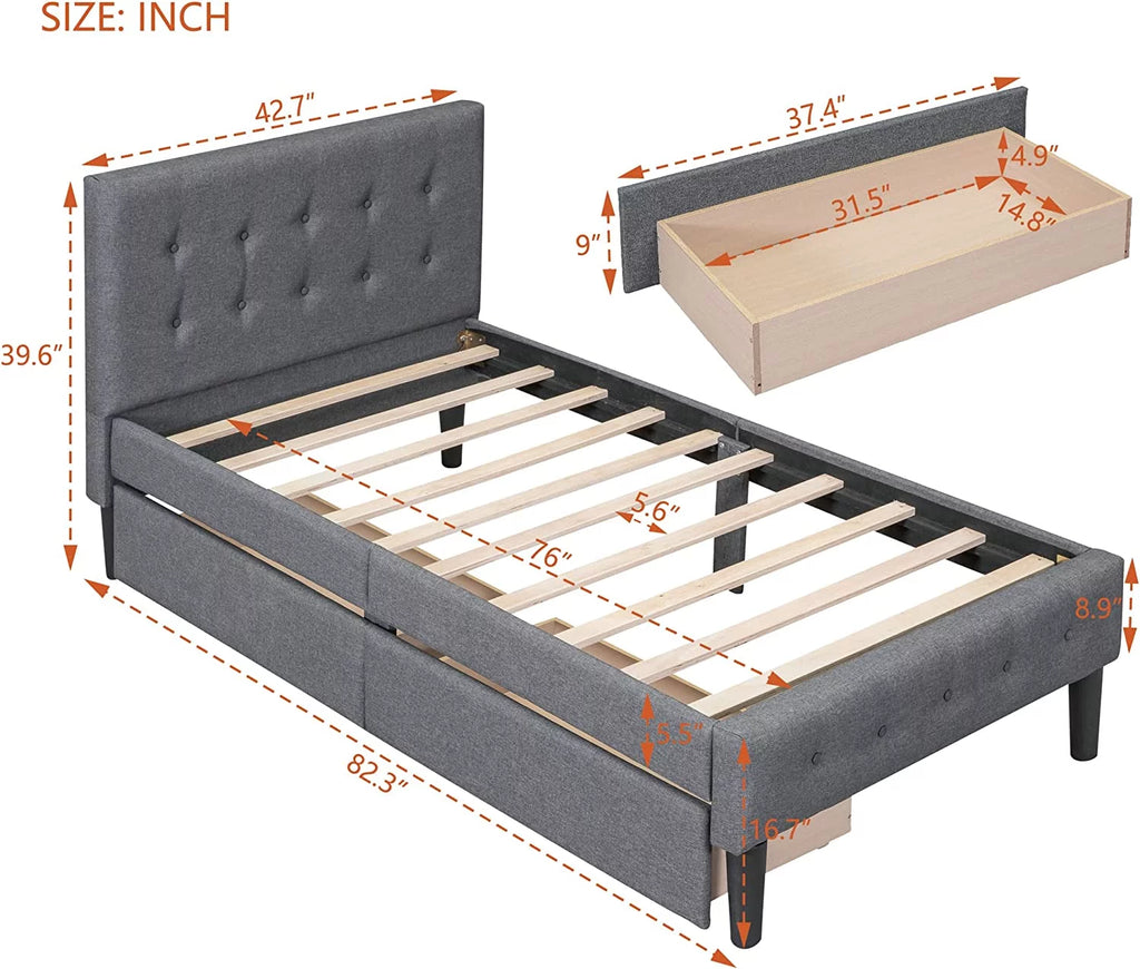 Beige Twin Size Upholstered Bed Frame with Headboard and Storage Underneath V9804