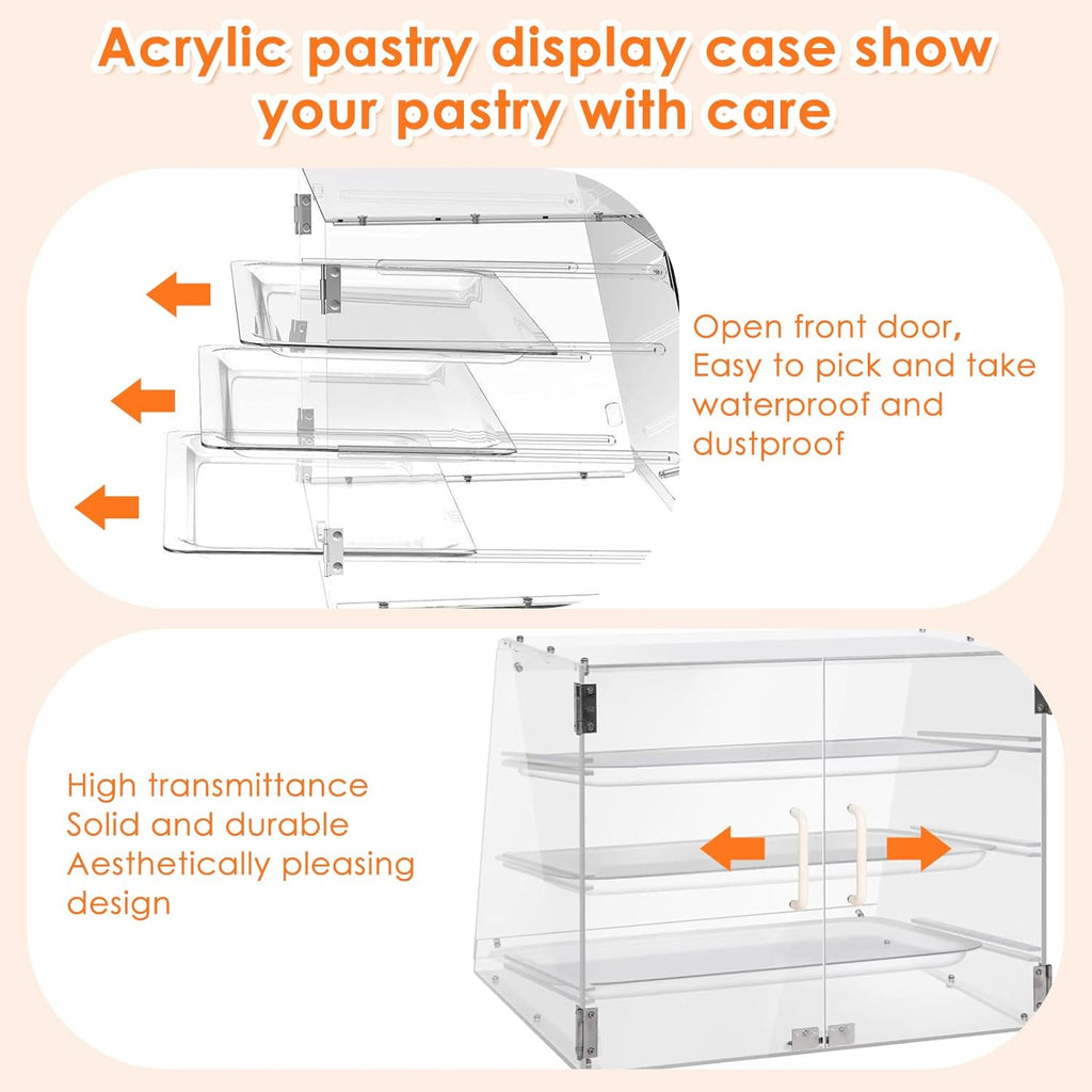Acrylic 3 Tray Commercial Countertop Bakery Display Case with Rear Door Access & Removable Shelves, 22x17x16.5inch C93302