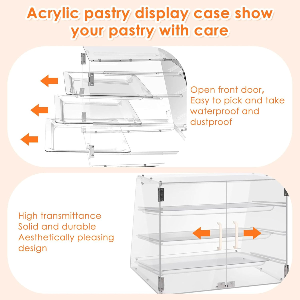 Acrylic 3 Tray Commercial Countertop Bakery Display Case with Rear Door Access & Removable Shelves, 22x17x16.5inch C93302